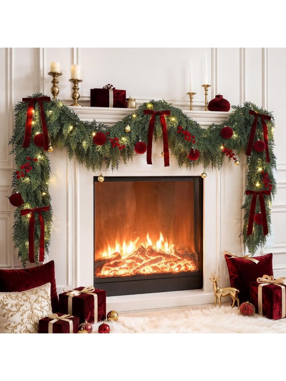 9FT Pre-Lit Christmas Garland with Ornaments - Realistic Cedar Holiday Decor